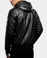 Mens Leather Bomber Jacket with Hoodie Bronx Nova Black